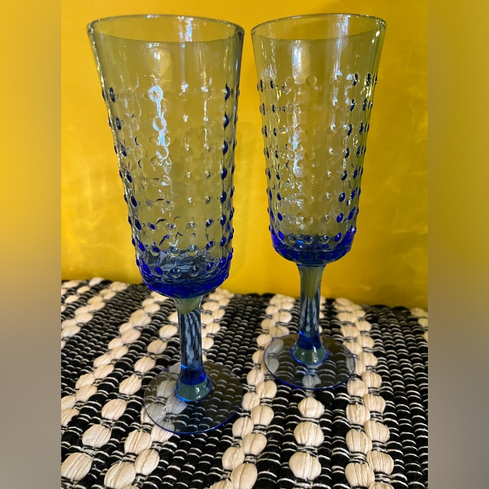 Vintage Tall Stemmed Wine Glasses Water Goblets Set of 2 - Bright Blue - Hobnail
